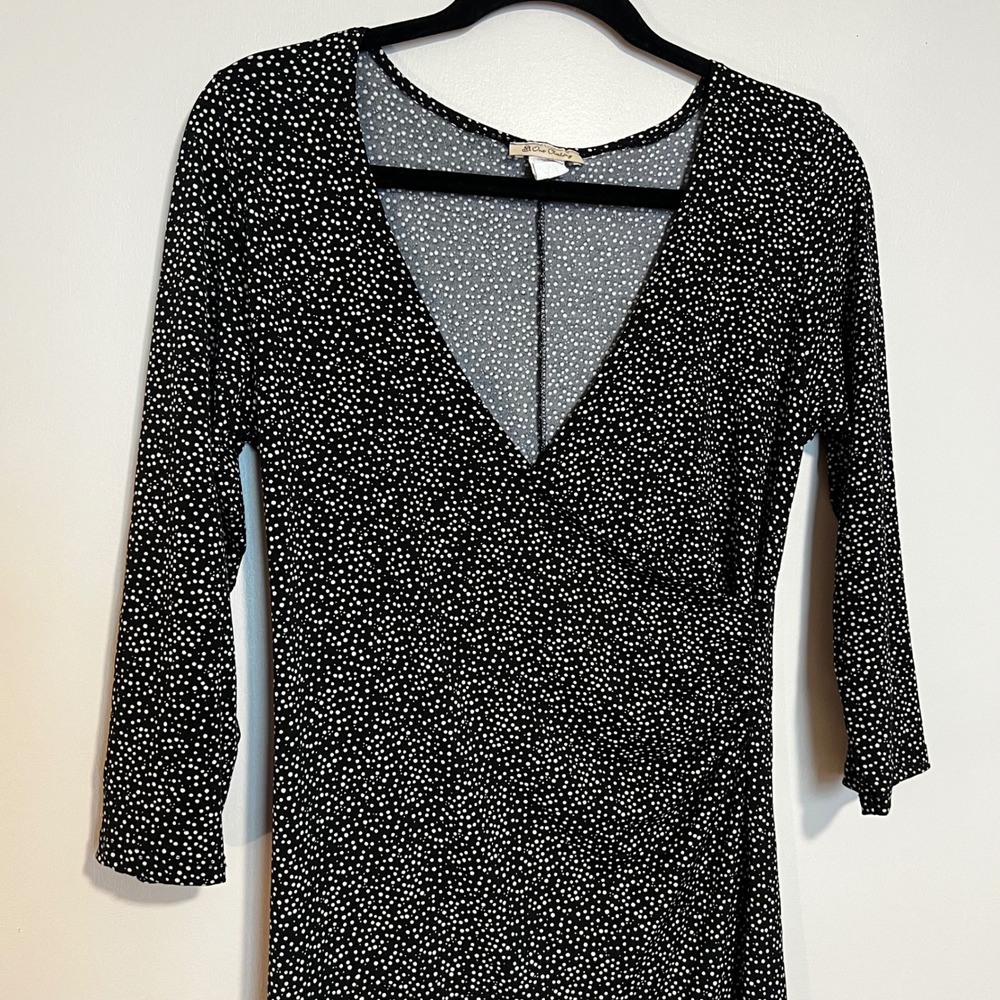 one clothing Black White Polka Dot Ruched Wrap Midi Dress Womens L - Picture 3 of 9